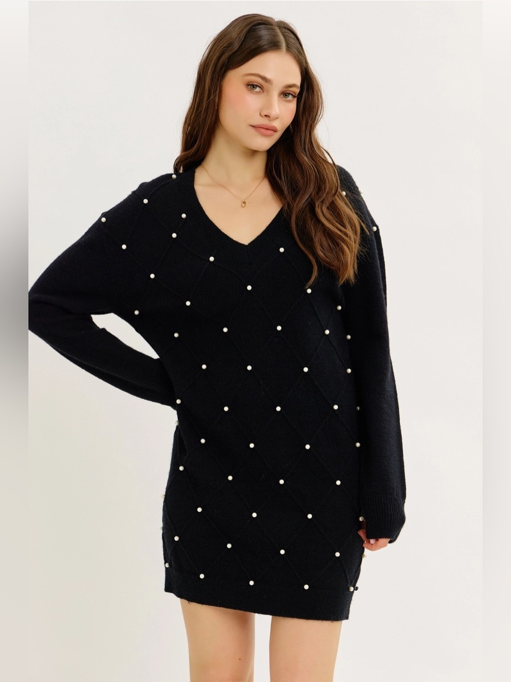 Faux Pearl Black V-Neck Sweater Dress - 624